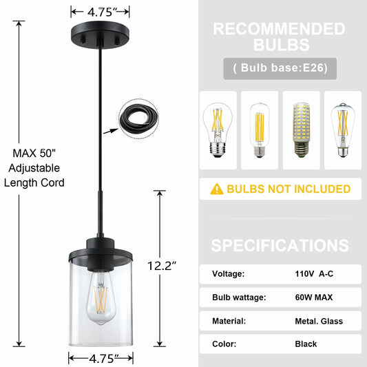 3 Pack Modern Farmhouse Pendant Light 4.7" Clear Glass Black Finish