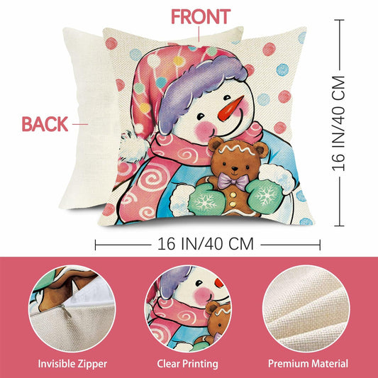 Fjfz Set of 4 Christmas Snowman Santa Pillow Covers 16x16 Plaid Polka Dot