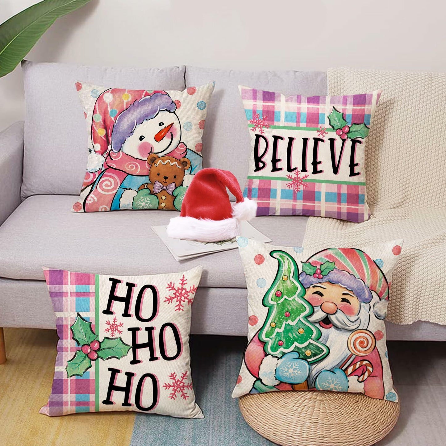 Fjfz Set of 4 Christmas Snowman Santa Pillow Covers 16x16 Plaid Polka Dot