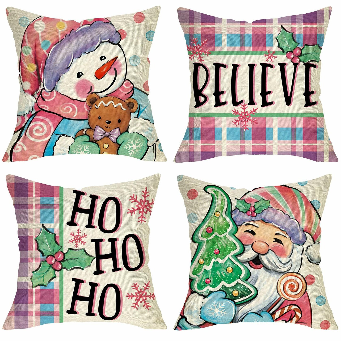 Fjfz Set of 4 Christmas Snowman Santa Pillow Covers 16x16 Plaid Polka Dot