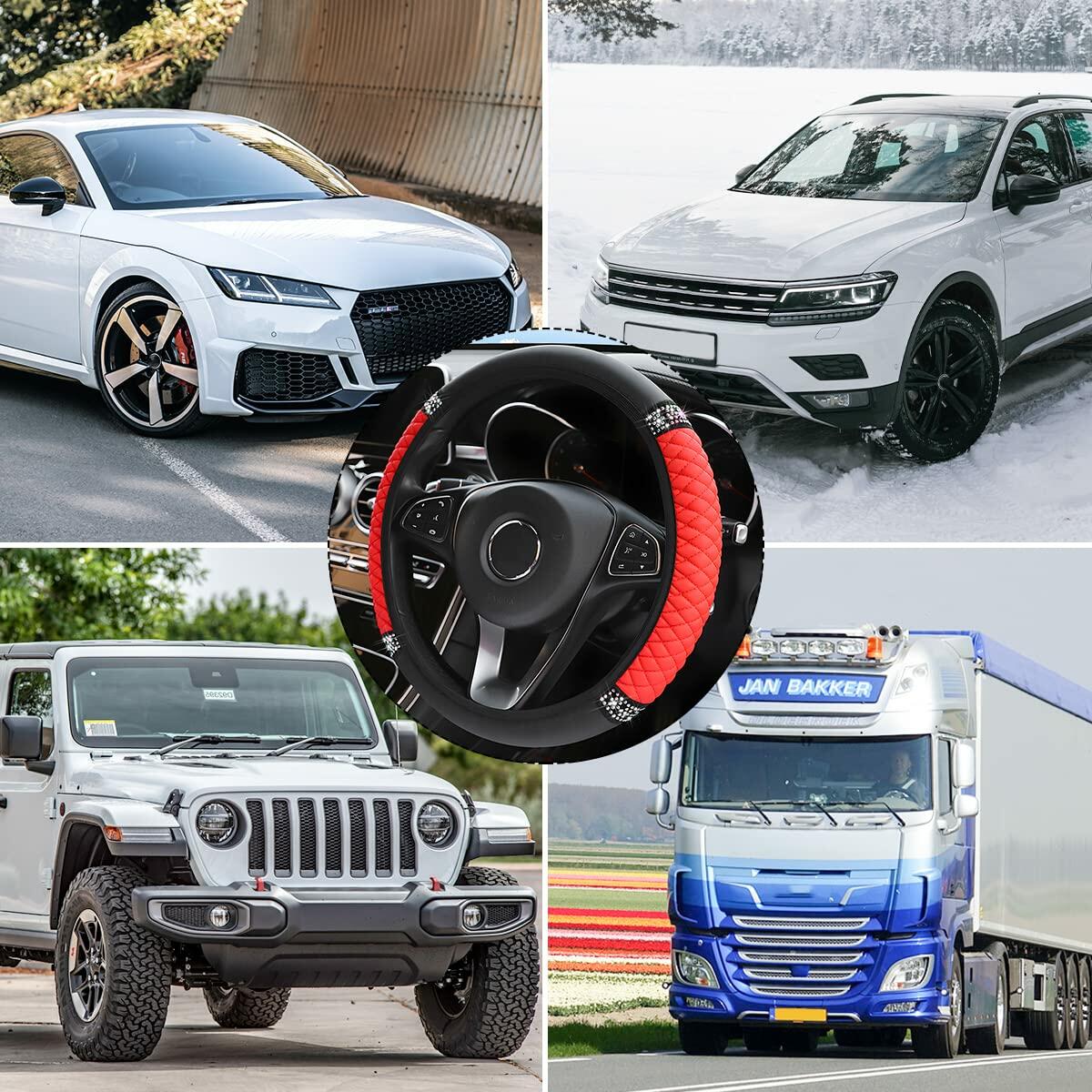 Bling Soft Leather Steering Wheel Cover 15 Inch Red Rhinestones