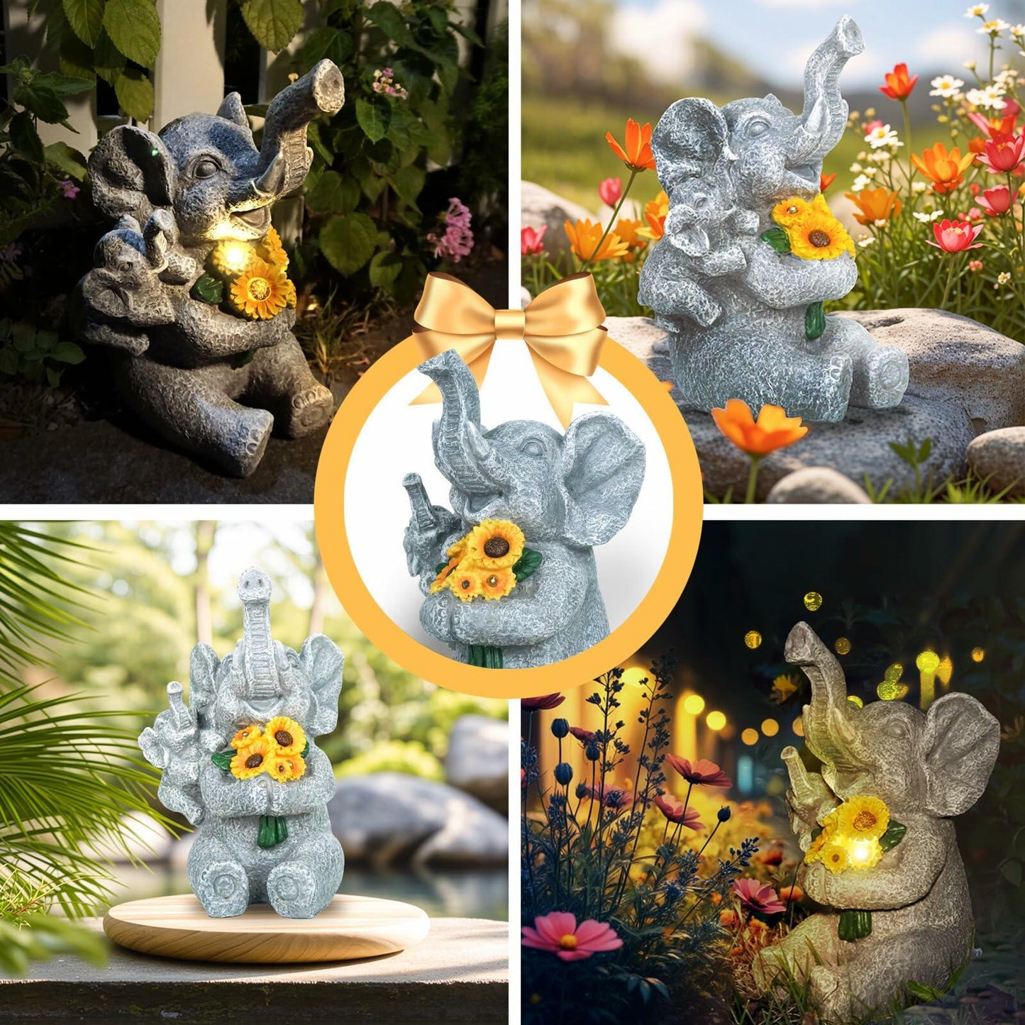 Elephant Solar Statue with Lights, Outdoor Garden Decor, Sunflower Figurine