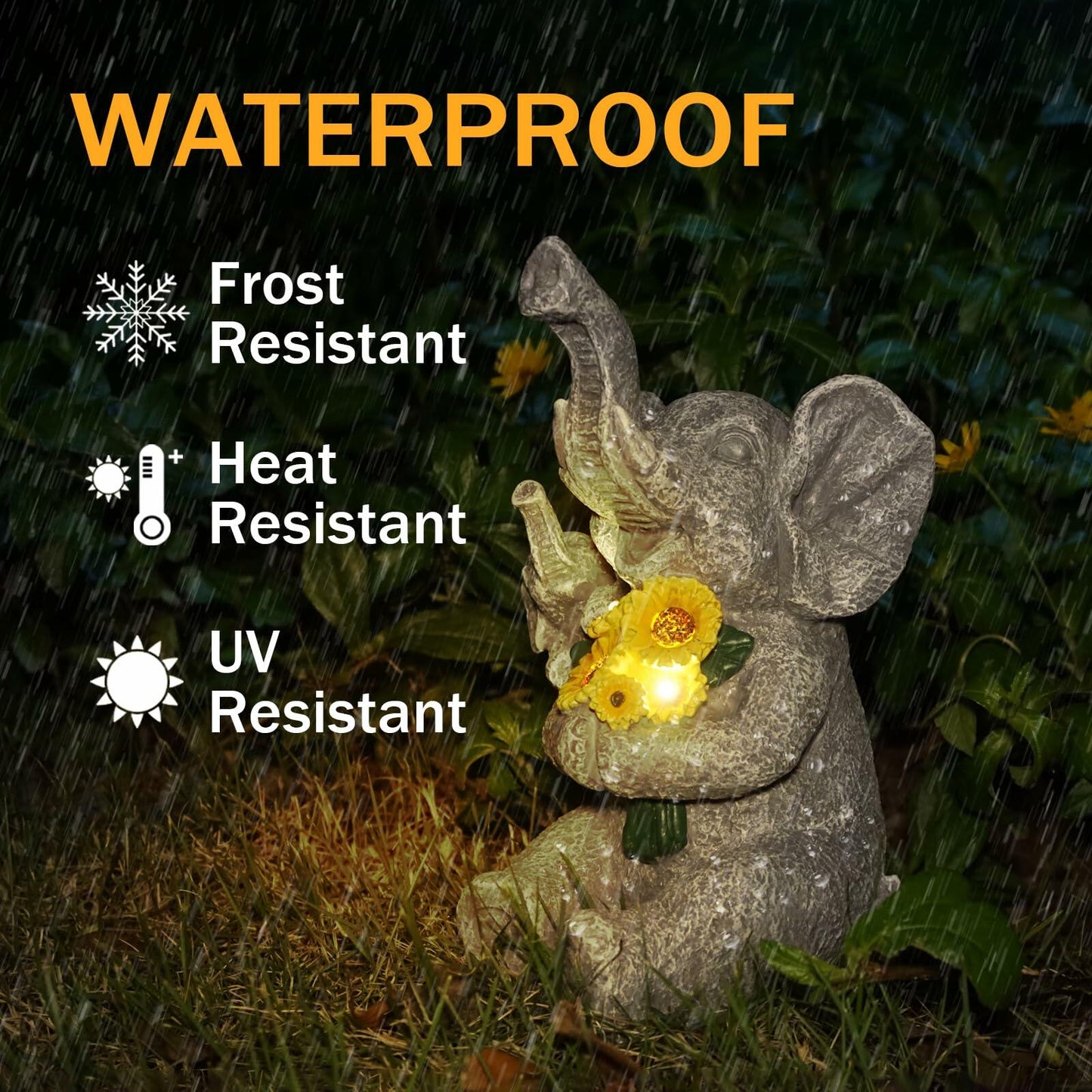 Elephant Solar Statue with Lights, Outdoor Garden Decor, Sunflower Figurine