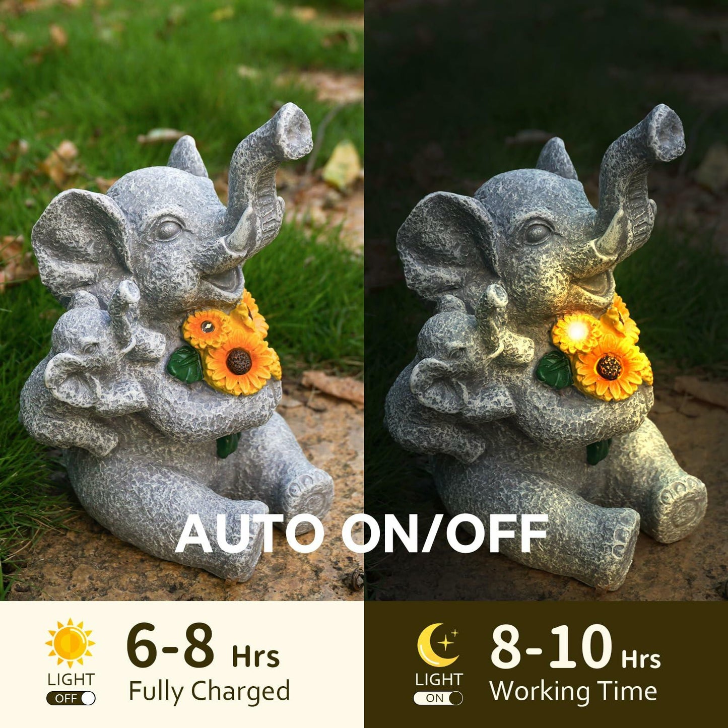 Elephant Solar Statue with Lights, Outdoor Garden Decor, Sunflower Figurine