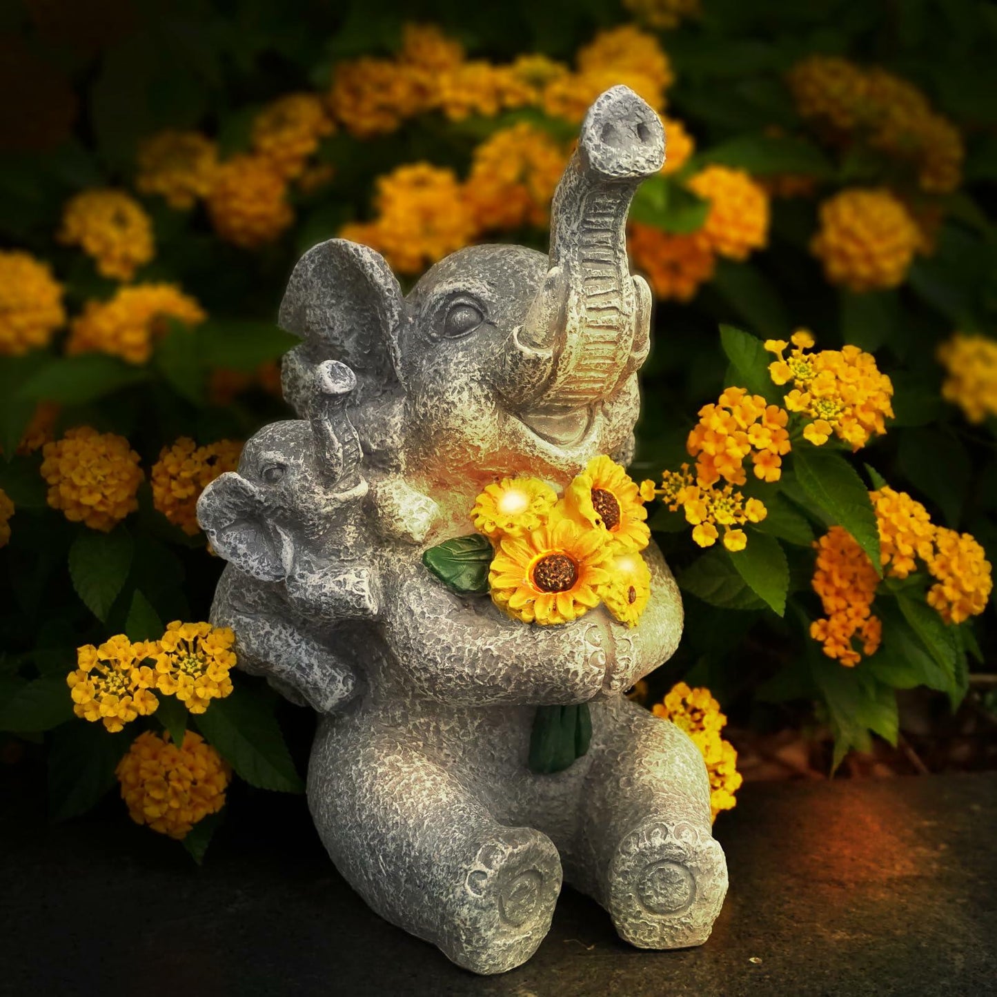Elephant Solar Statue with Lights, Outdoor Garden Decor, Sunflower Figurine