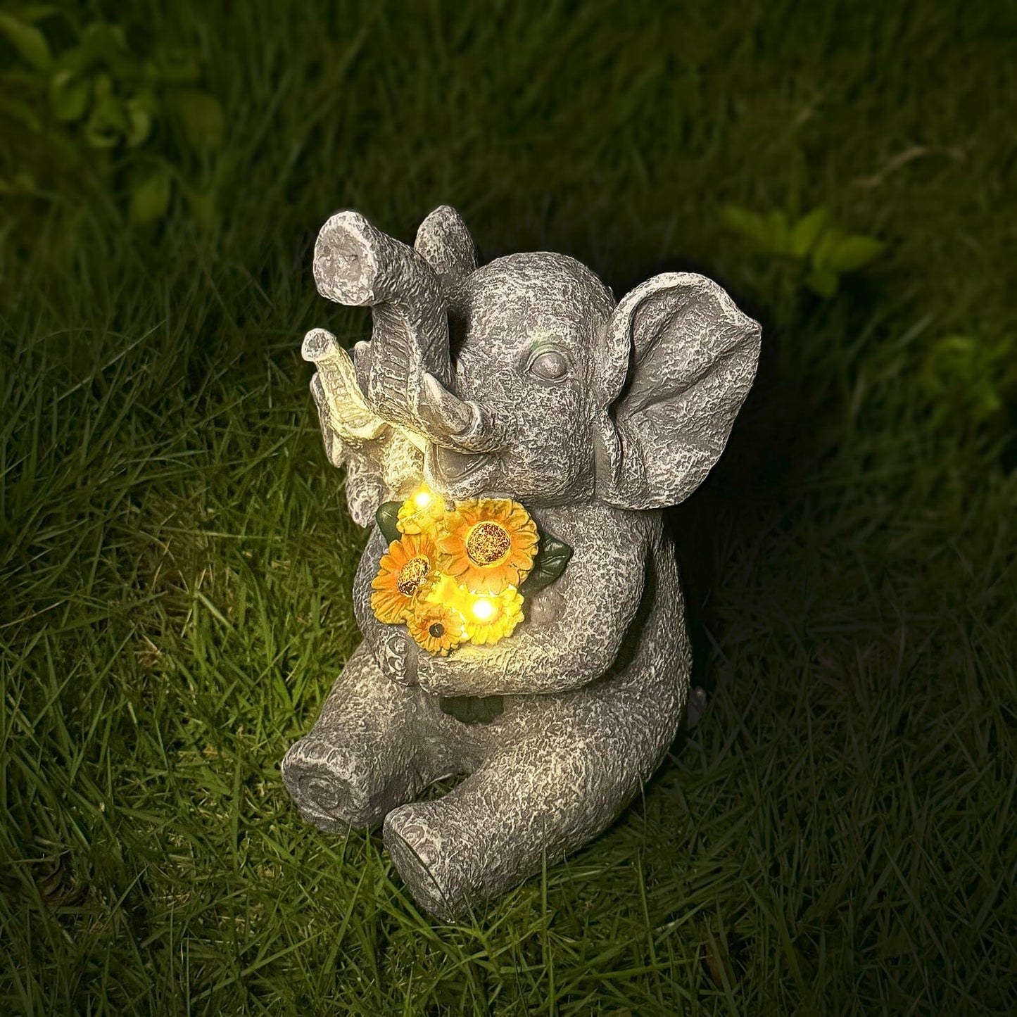 Elephant Solar Statue with Lights, Outdoor Garden Decor, Sunflower Figurine