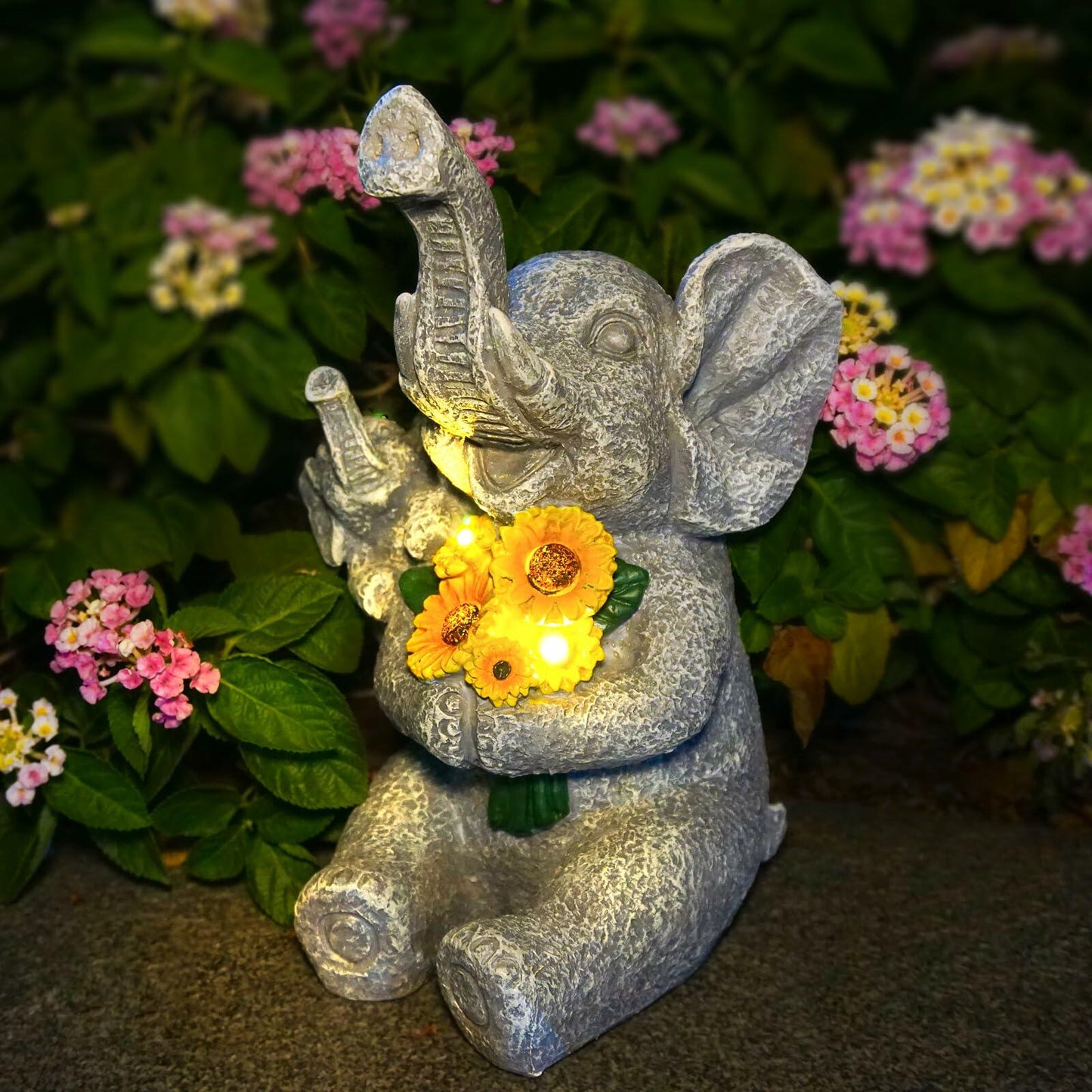 Elephant Solar Statue with Lights, Outdoor Garden Decor, Sunflower Figurine
