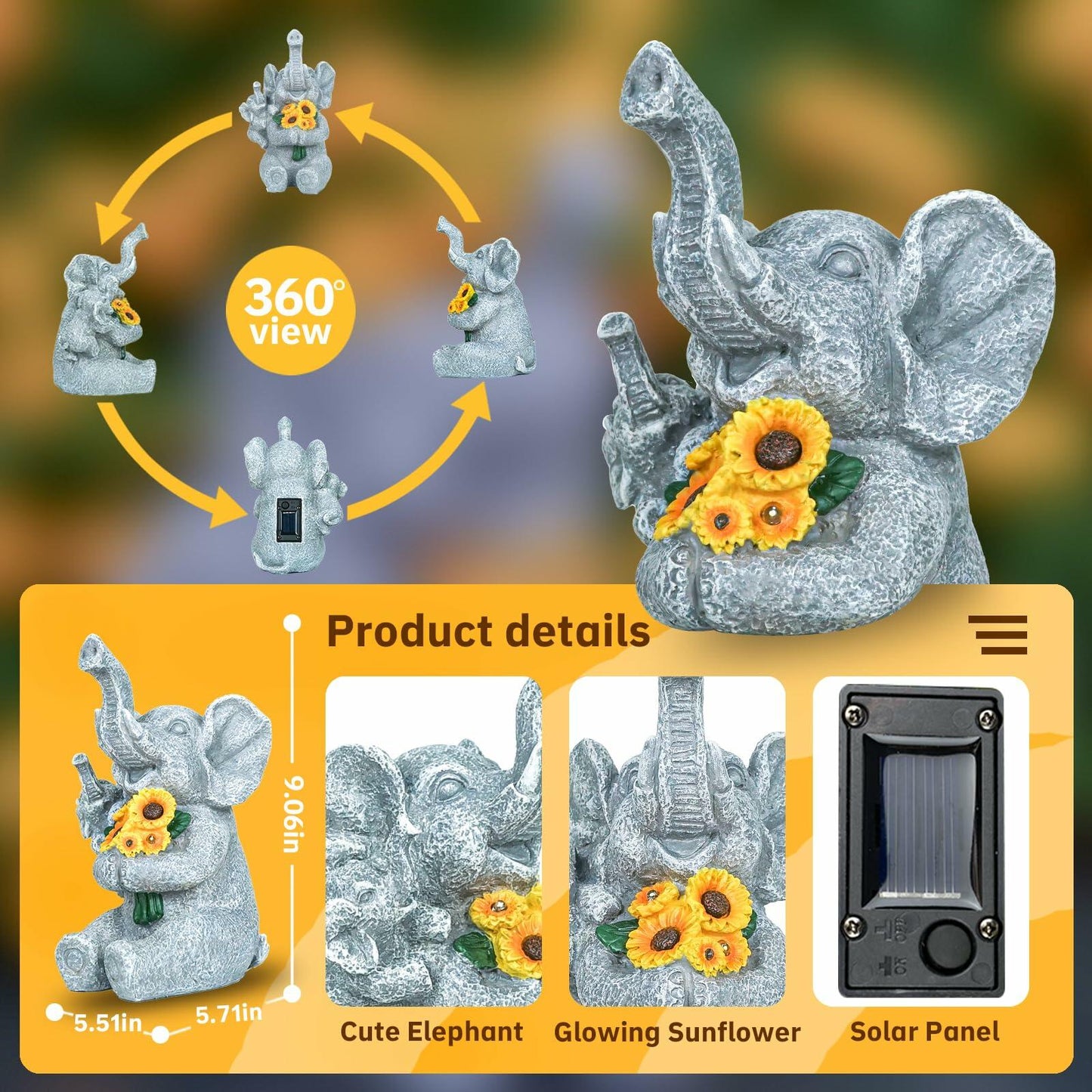 Elephant Solar Statue with Lights, Outdoor Garden Decor, Sunflower Figurine