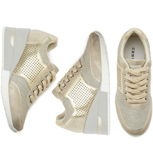 Gold High Heel Wedge Sneakers SM1-GOLD-6.5A Women Lace Up New