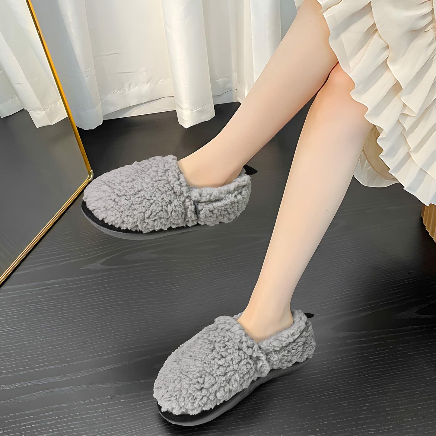 COFACE Womens Slippers Size 7 Grey Memory Foam Plush Sherpa Lined Cozy