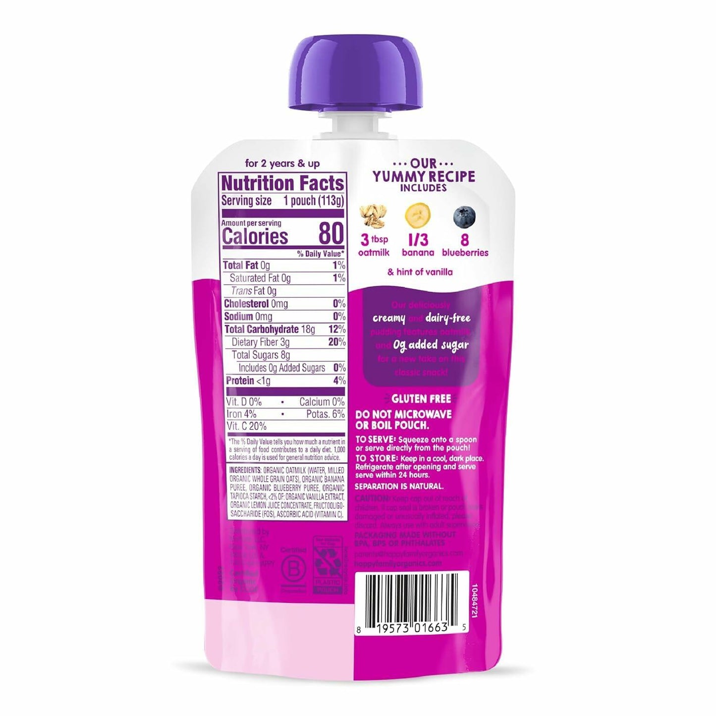 BestBy08/25 Happy Tot Organics Oatmilk Pudding Dairy-Free Toddler Snack 4oz x16