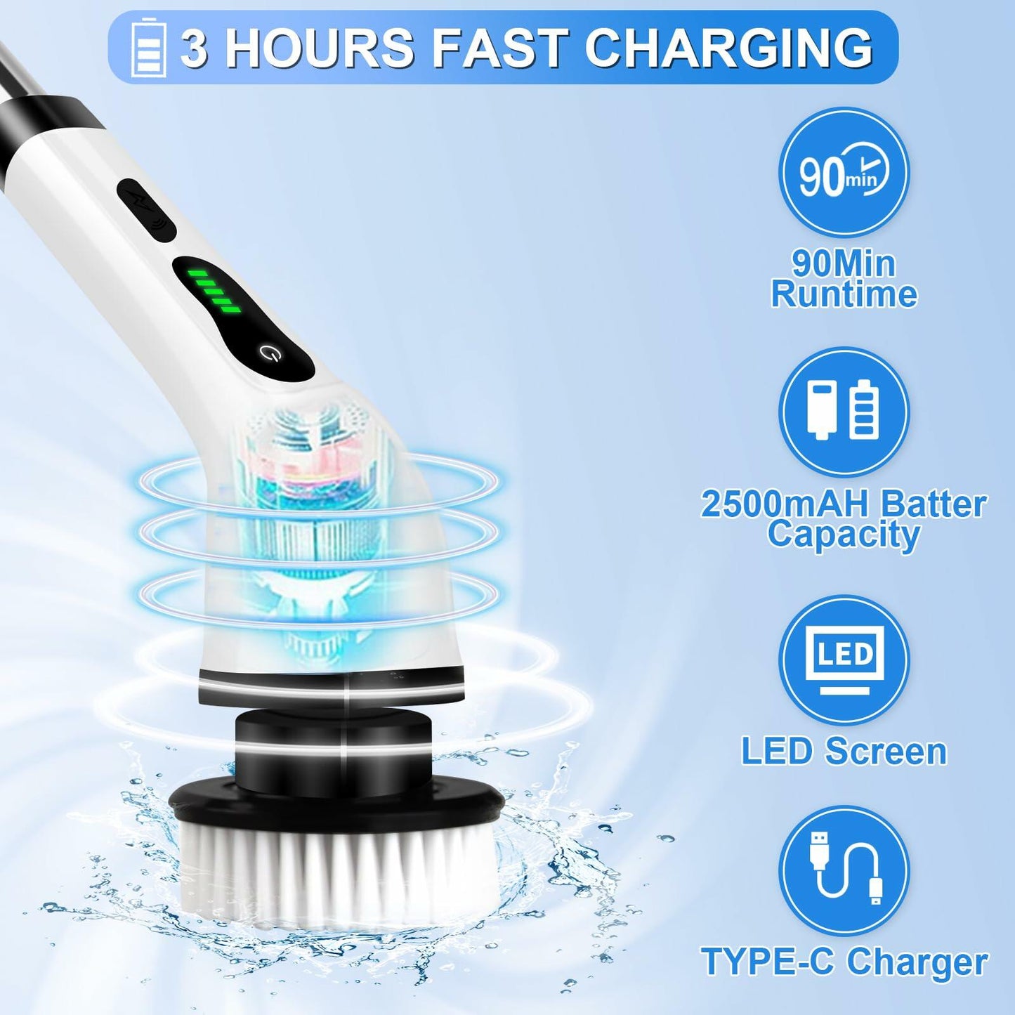 VOISEN Electric Spin Scrubber Cordless 9 Replacement Heads with Extension Arm
