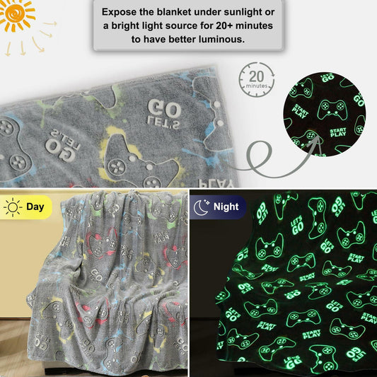 Jekeno Glow in Dark Gaming Blanket 50x60 Grey Luminous Controller Throw
