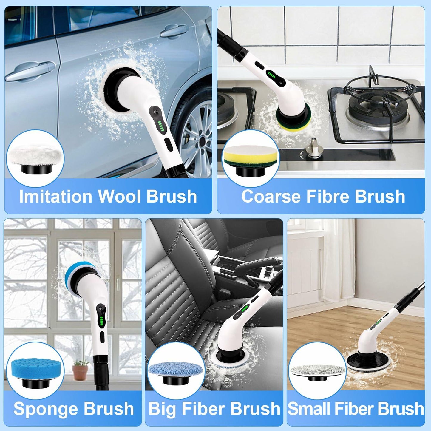 VOISEN Electric Spin Scrubber Cordless 9 Replacement Heads with Extension Arm