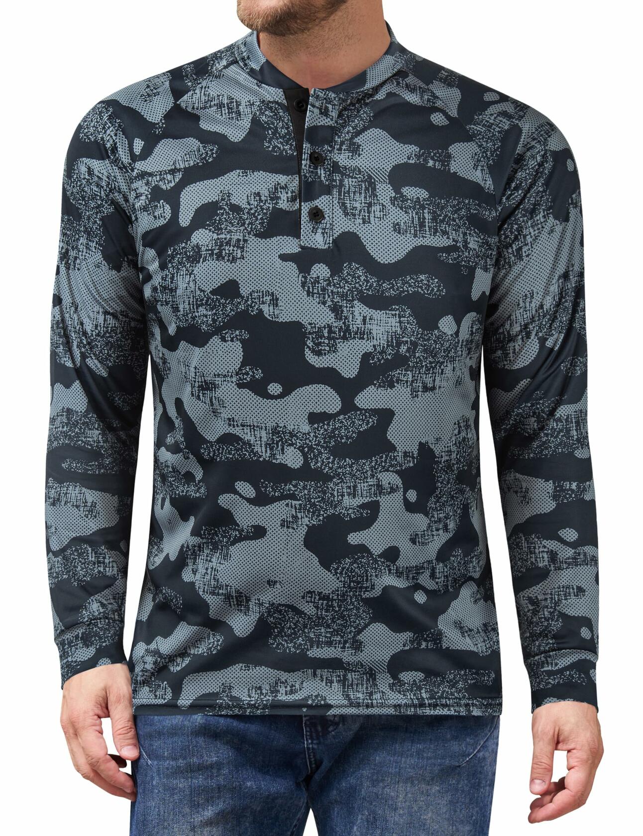 Wancafoke Men's Long Sleeve Henley Shirt Quick Dry Collarless Lake Blue - Size L