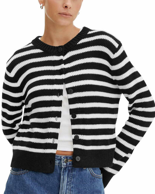 KIRUNDO Womens Black Striped Cardigan Sweater Button Down Knit Size XL