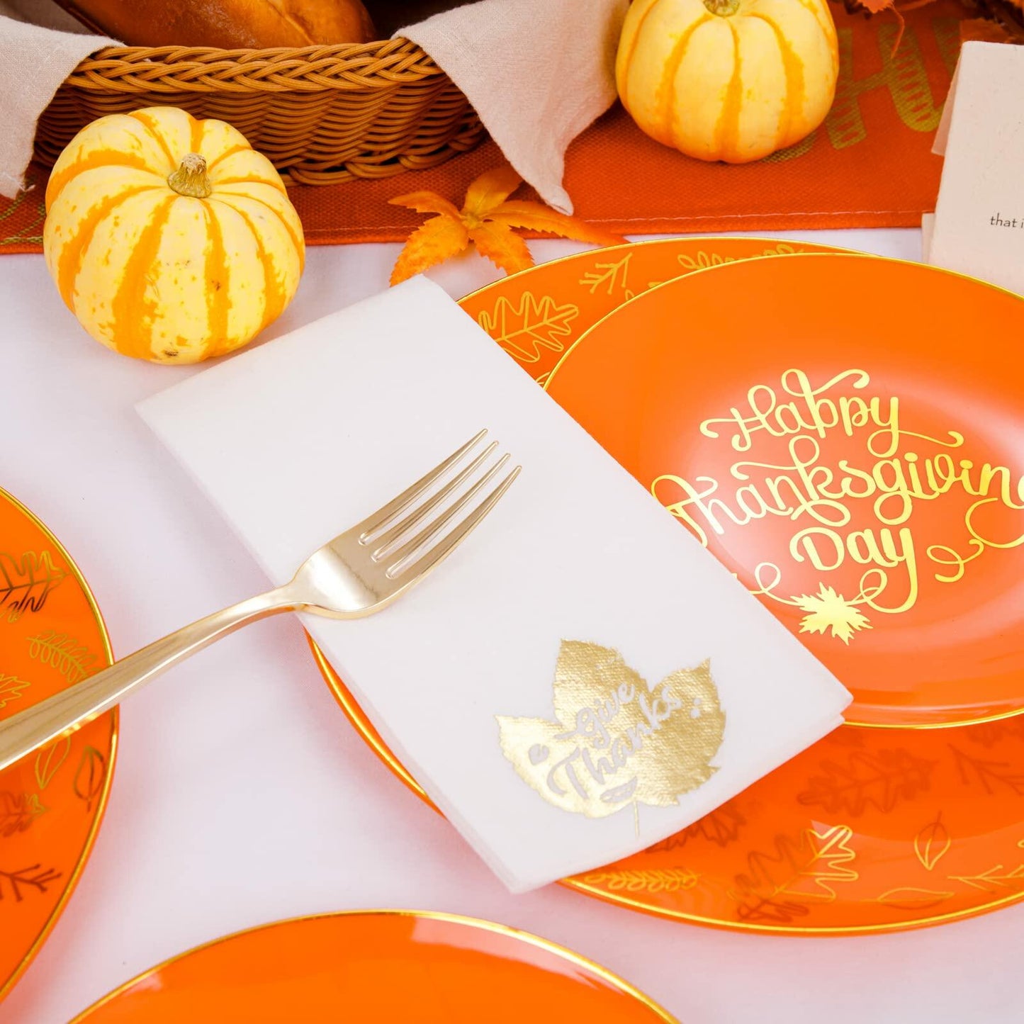 Nervure 175PCS Thanksgiving Disposable Plates Set Orange Gold with Cutlery