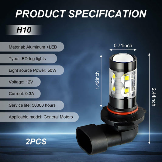 dawfall 2-Pack H10 50W 6000K White Fog Lamp Bulbs Waterproof Universal