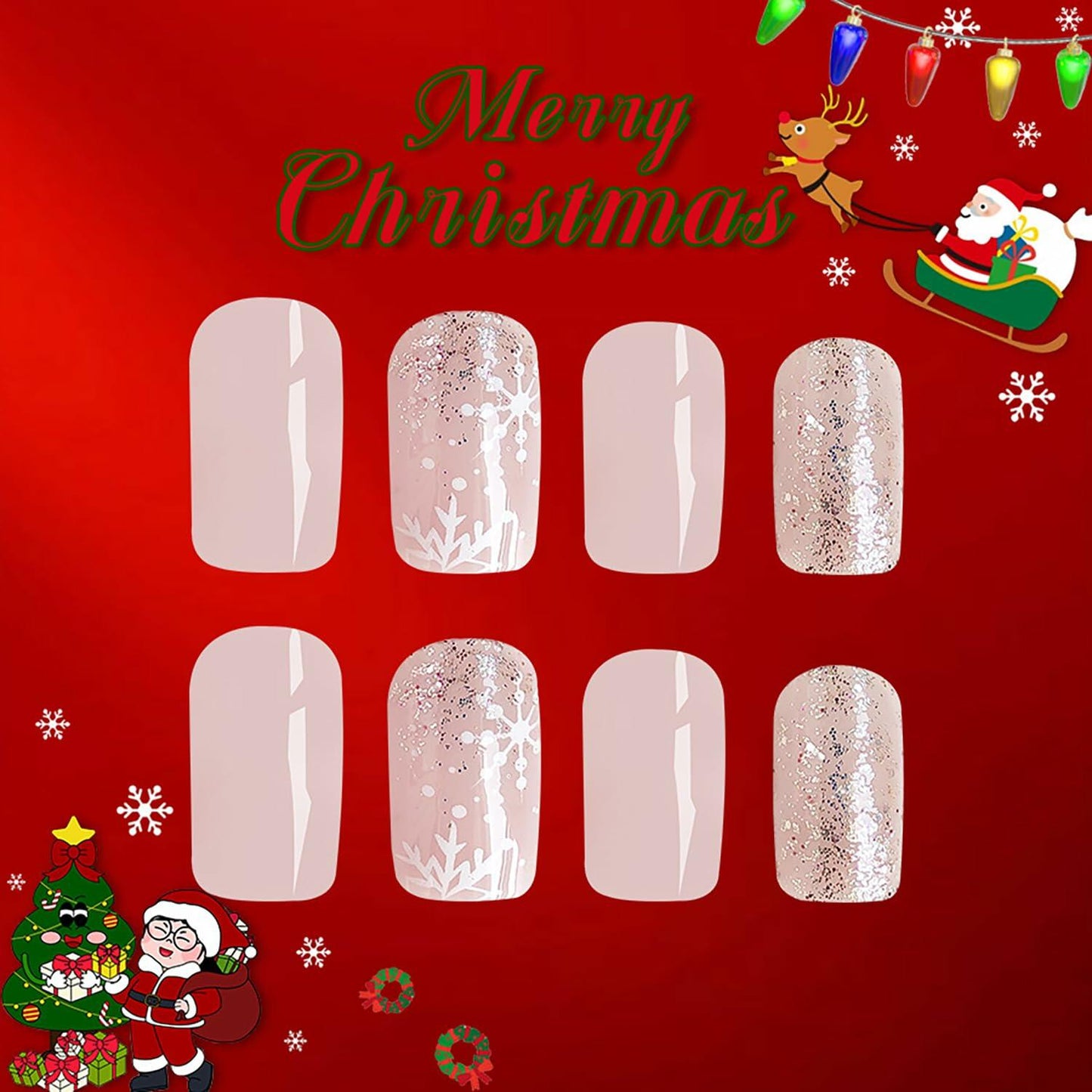24 Pcs Medium Christmas Press-on Nails Glossy Design Square with Glue