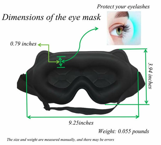 3D Contoured Sleep Mask Black Adjustable Headband 100% Light Blocking Travel