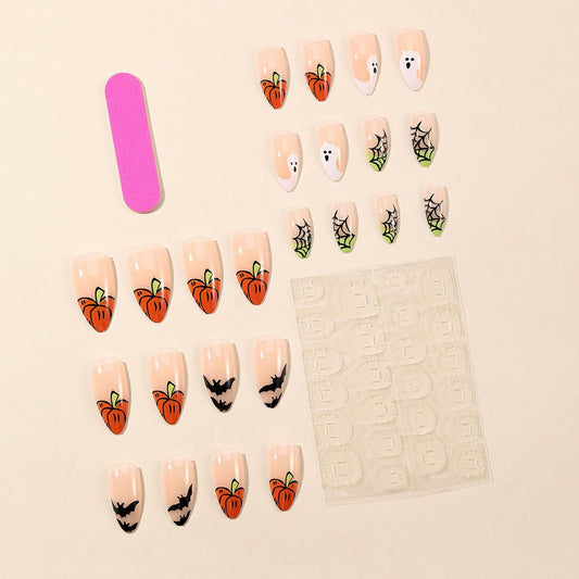 24 Pcs Halloween Acrylic Press On Nails Medium Almond Ghost Pumpkin Bat Design