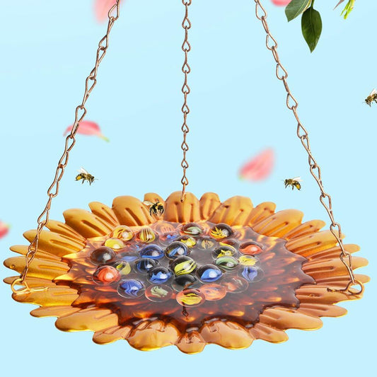 Bee Watering Station Hanging Feeder with Glass Marbles Sunflower Pattern