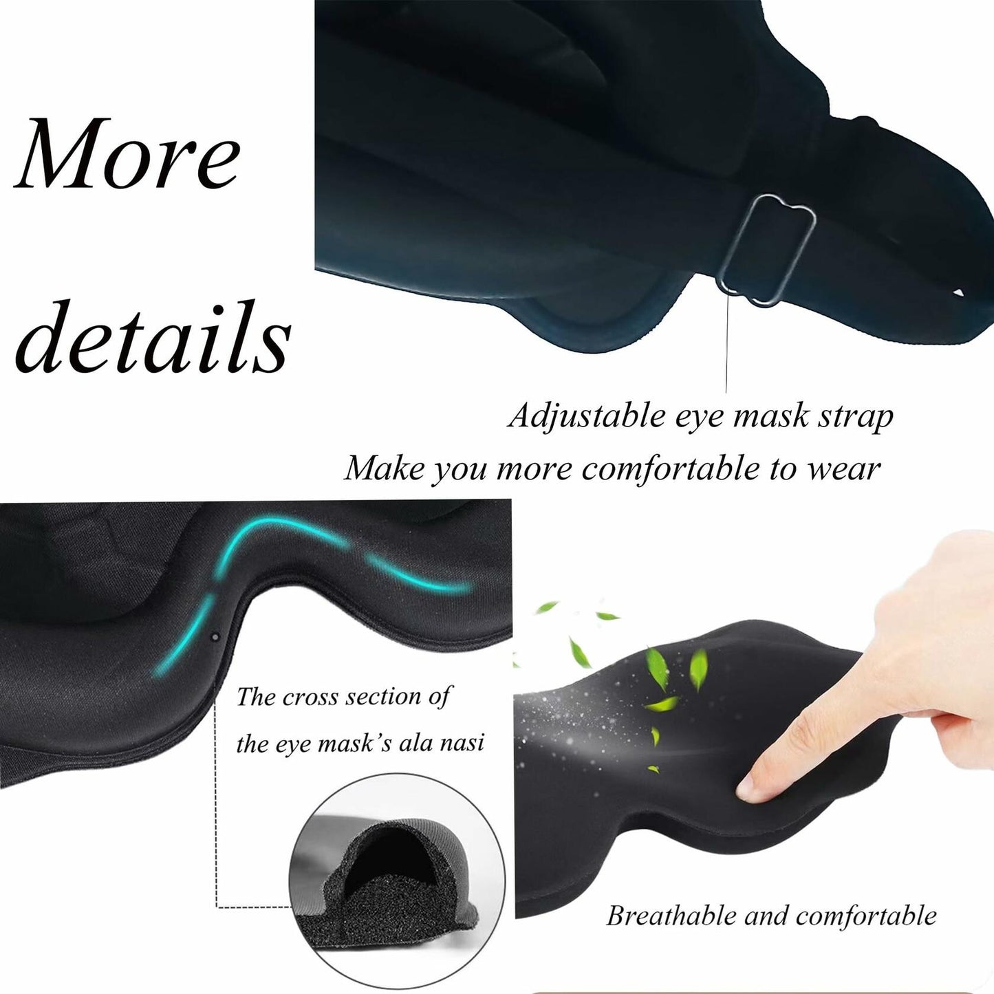 3D Contoured Sleep Mask Black Adjustable Headband 100% Light Blocking Travel