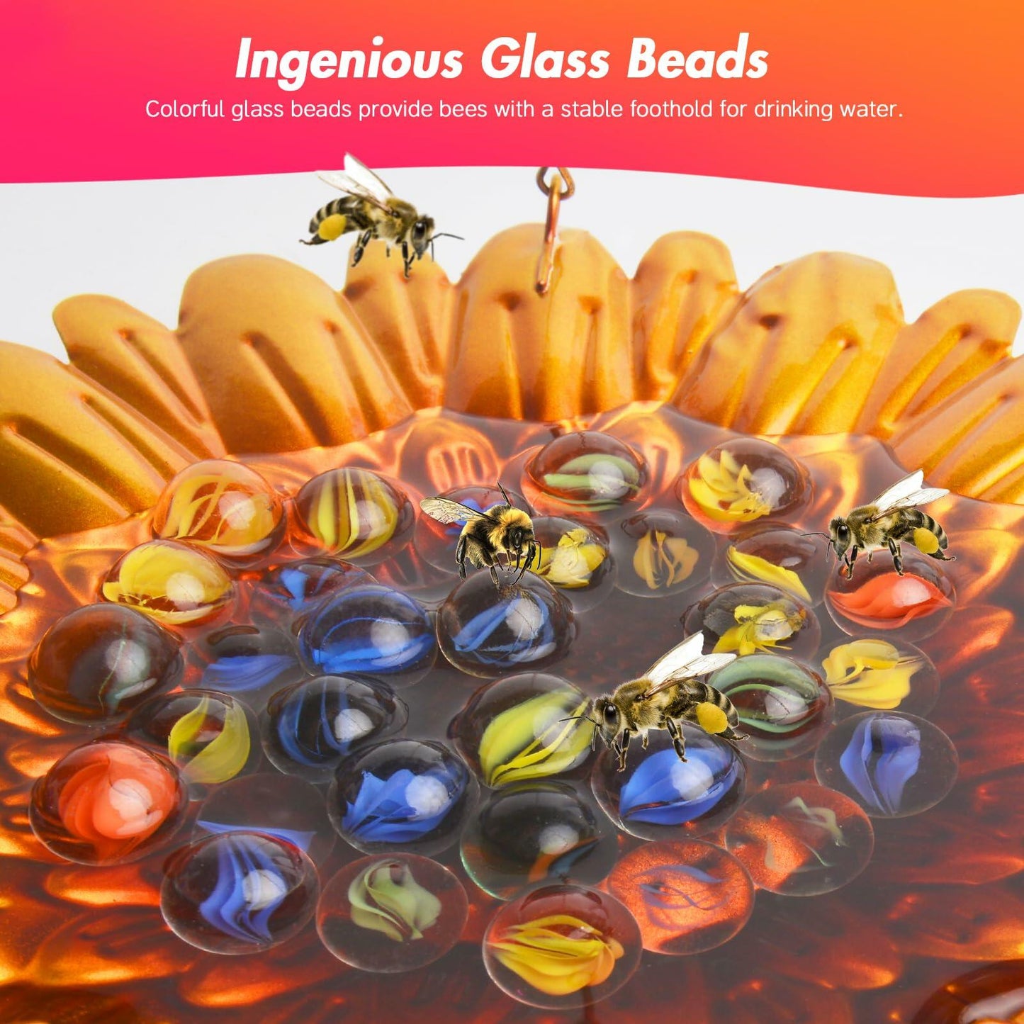 Bee Watering Station Hanging Feeder with Glass Marbles Sunflower Pattern
