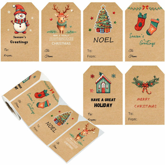 Christmas Gift Tags Stickers 2x3in Kraft Color 6 Designs Self Adhesive