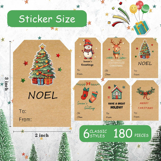 Christmas Gift Tags Stickers 2x3in Kraft Color 6 Designs Self Adhesive