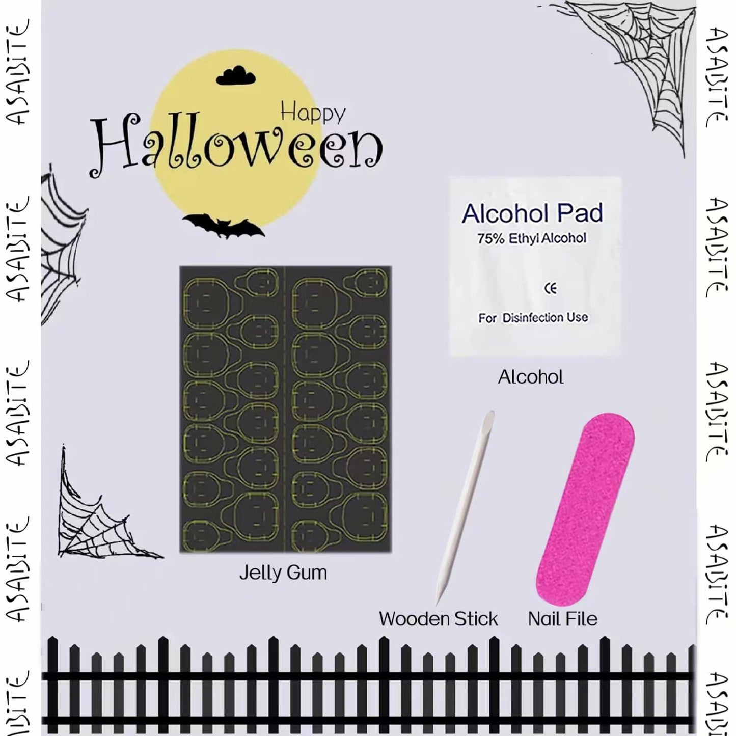 24 Pcs Halloween Acrylic Press On Nails Medium Almond Ghost Pumpkin Bat Design