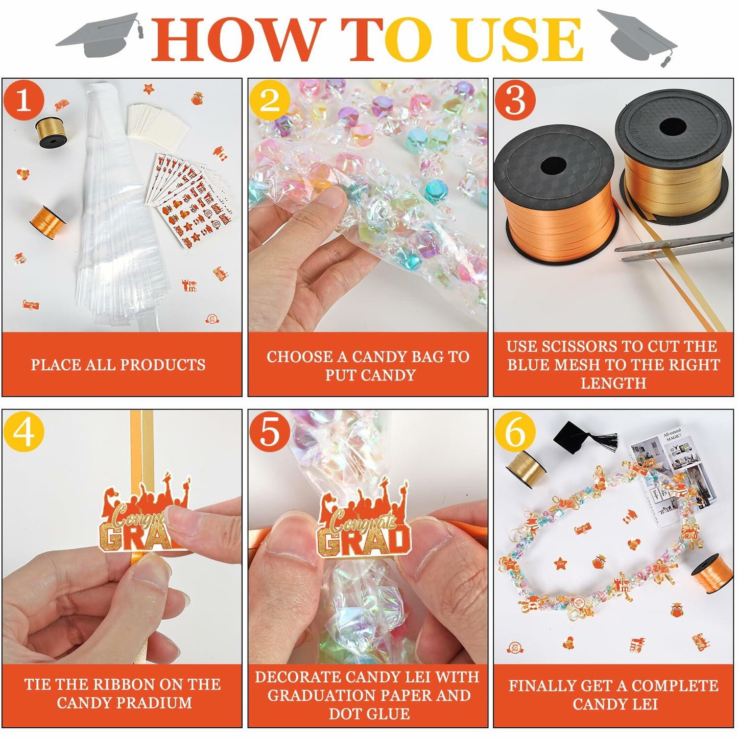 60 Set Orange Gold Candy Lei Tubing 2 Inch Graduation Kit Clear Poly 2024