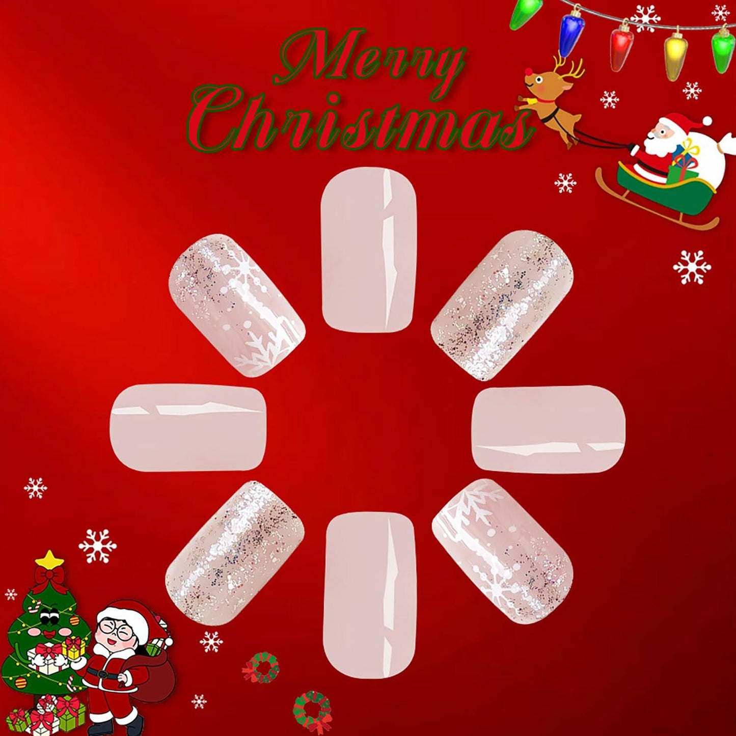 24 Pcs Medium Christmas Press-on Nails Glossy Design Square with Glue