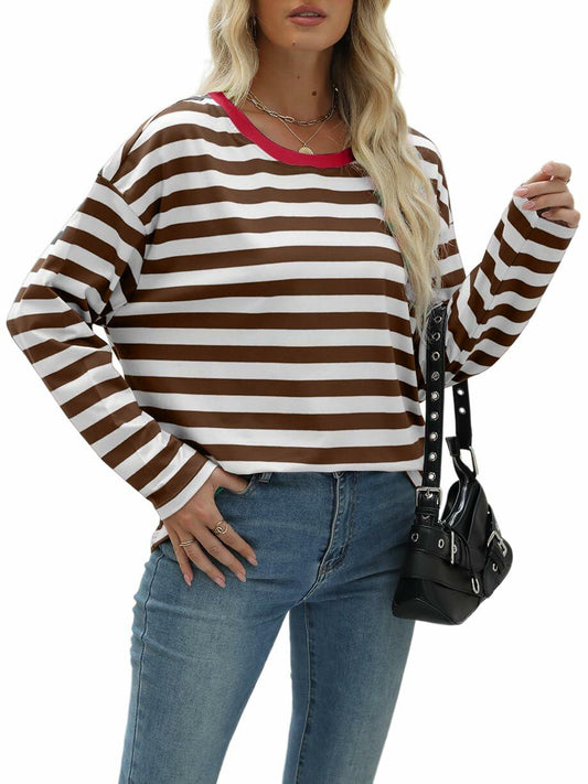 Nfsion Womens X-Large Striped Color Block Long Sleeve Tee Coffee White