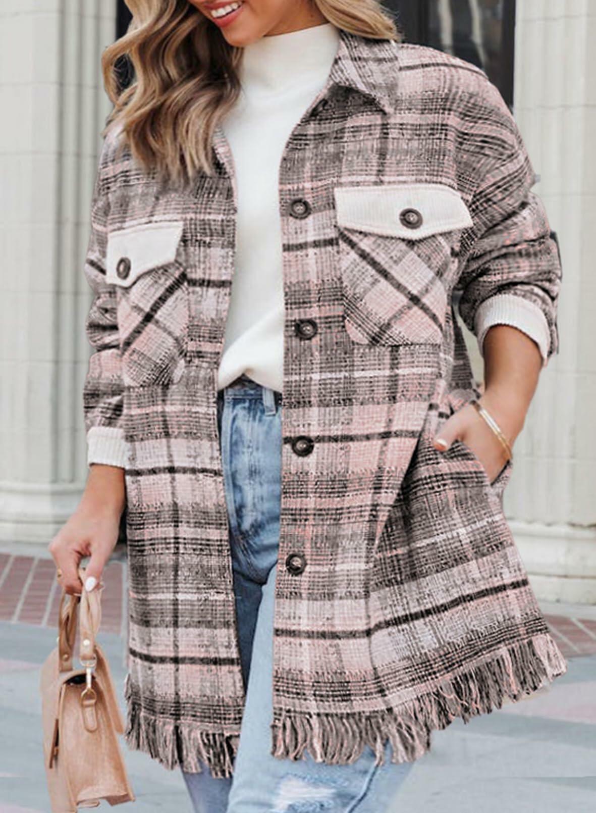 Eytino Womens Plus Size 2X Pink Plaid Shacket Button Down Jacket Coat Size 2X
