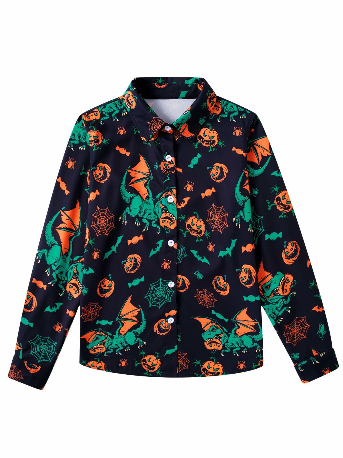 Boys Halloween Dinosaur Shirt Size 10 Long Sleeve Pumpkin Button Up