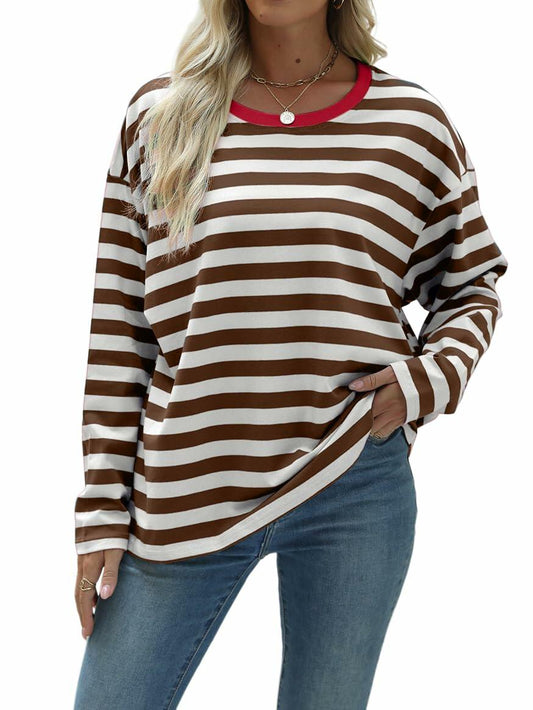 Nfsion Womens X-Large Striped Color Block Long Sleeve Tee Coffee White