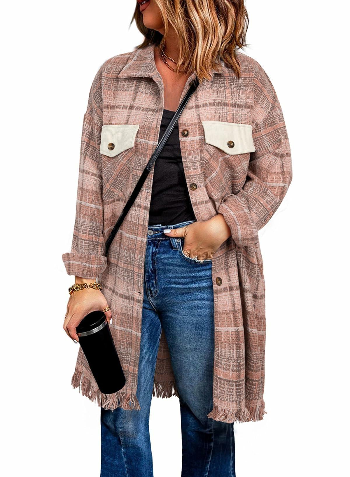 Eytino Womens Plus Size 2X Pink Plaid Shacket Button Down Jacket Coat Size 2X