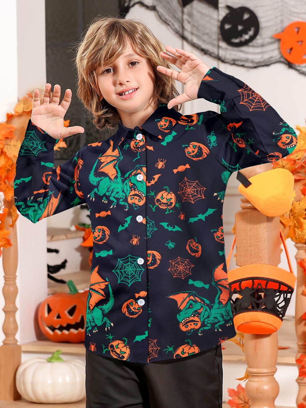 Boys Halloween Dinosaur Shirt Size 10 Long Sleeve Pumpkin Button Up