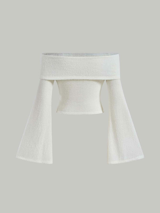 Verdusa Women's Off Shoulder Sweater White M Slim Fit Crop Tee Top