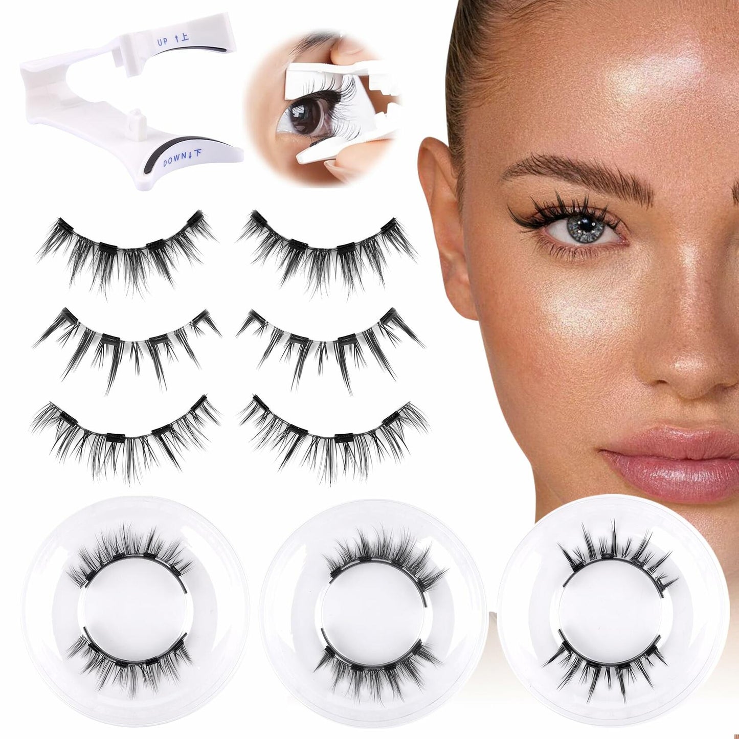 wiwoseo Magnetic Eyelashes 3 Pairs Clear Band Reusable Natural Look