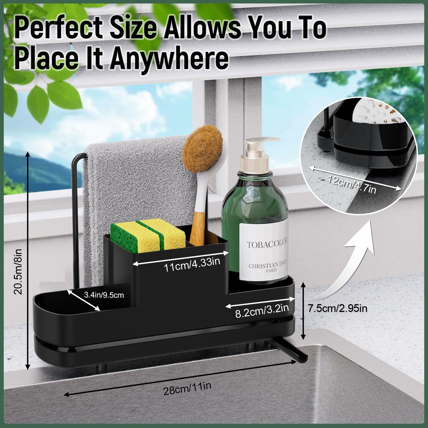FUNKYLEE Kitchen Sink Sponge Holder Caddy with Brush Holder & Soap Dispenser