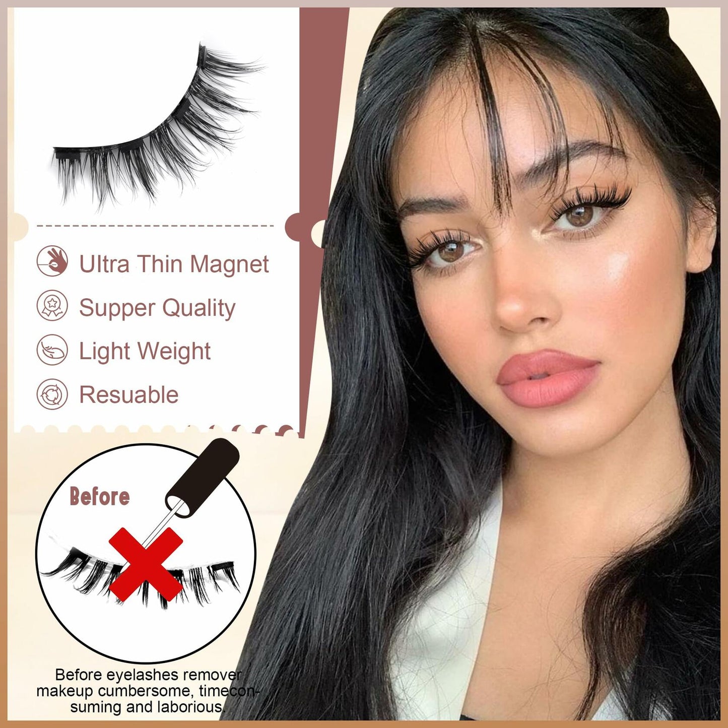 wiwoseo Magnetic Eyelashes 3 Pairs Clear Band Reusable Natural Look