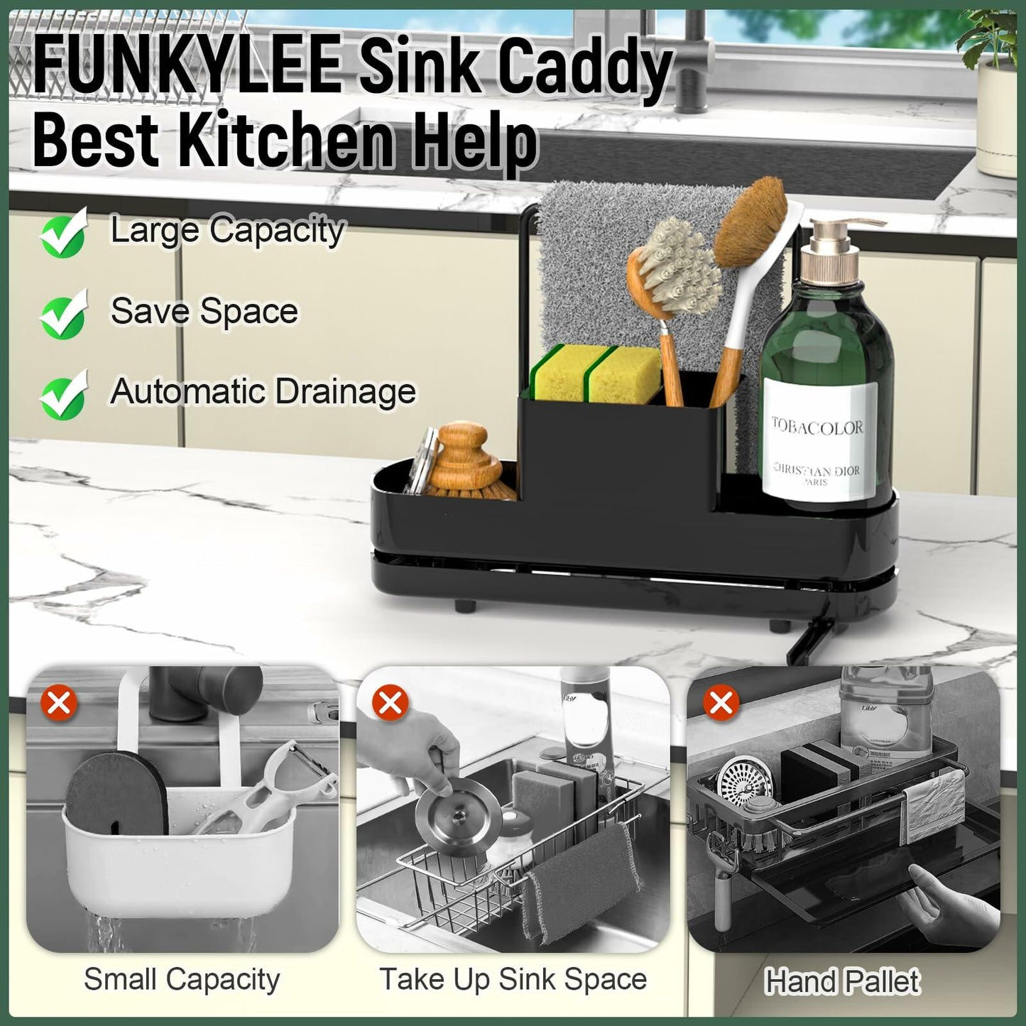 FUNKYLEE Kitchen Sink Sponge Holder Caddy with Brush Holder & Soap Dispenser