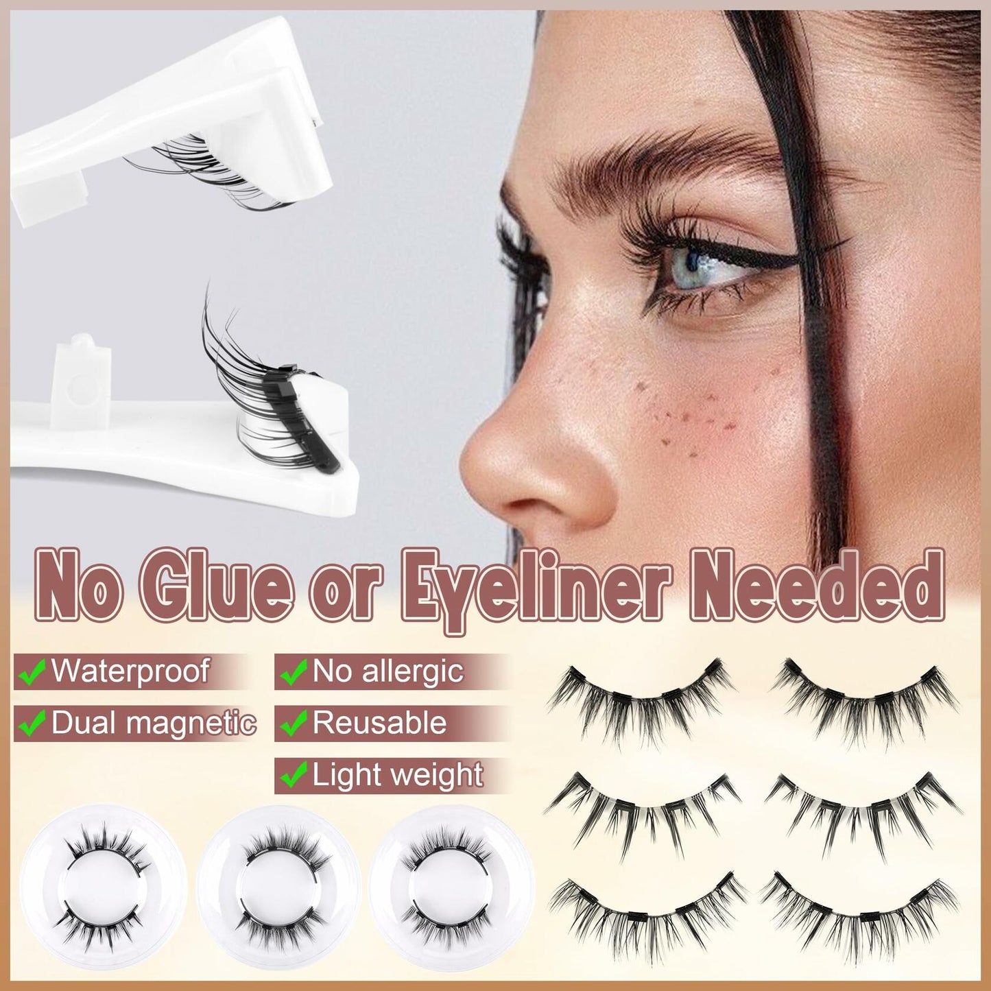 wiwoseo Magnetic Eyelashes 3 Pairs Clear Band Reusable Natural Look