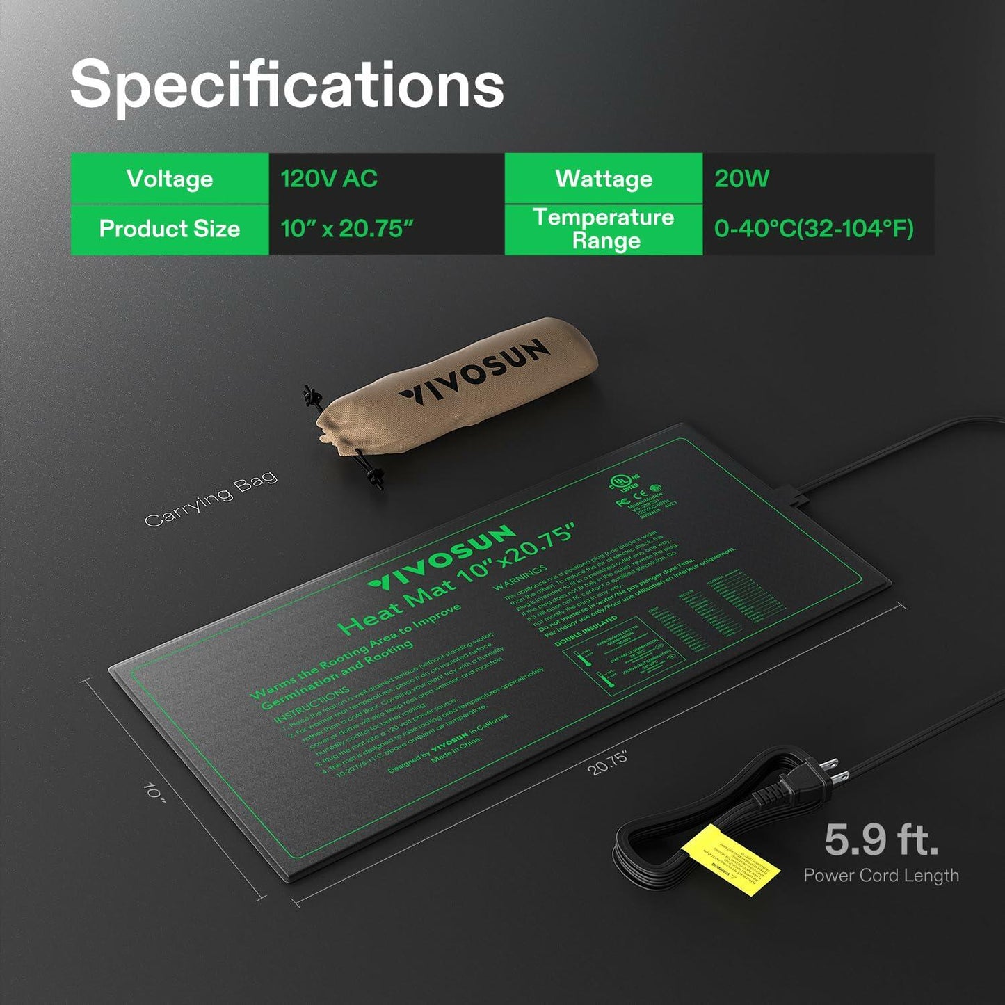 VIVOSUN Seedling Heat Mat 10x20.75in 20W Waterproof UL MET Certified
