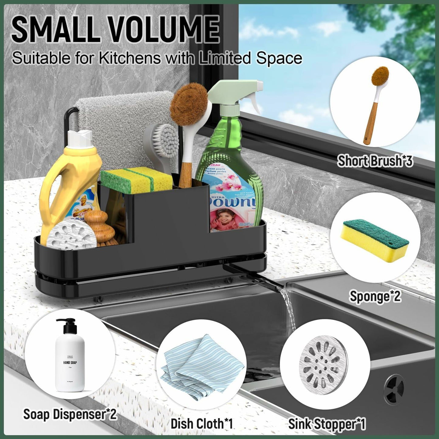 FUNKYLEE Kitchen Sink Sponge Holder Caddy with Brush Holder & Soap Dispenser