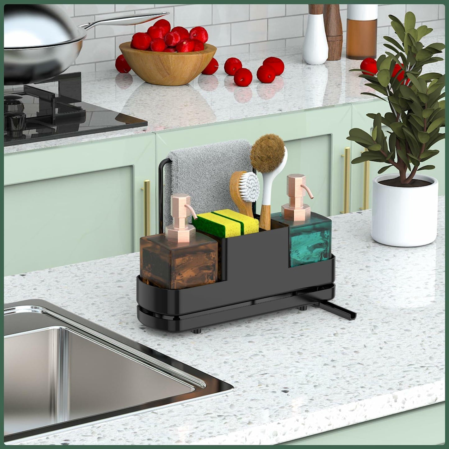 FUNKYLEE Kitchen Sink Sponge Holder Caddy with Brush Holder & Soap Dispenser