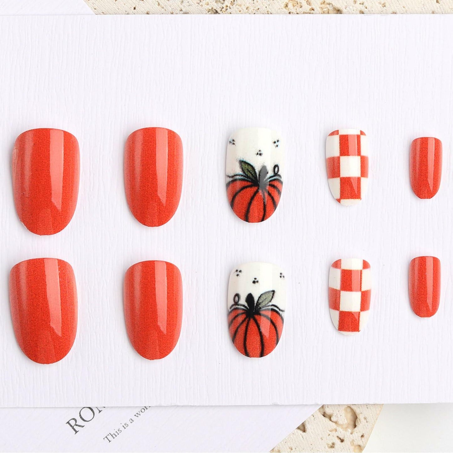 Fall Press On Nails 24Pc Short Square Pumpkin Plaid Design Stick Glue