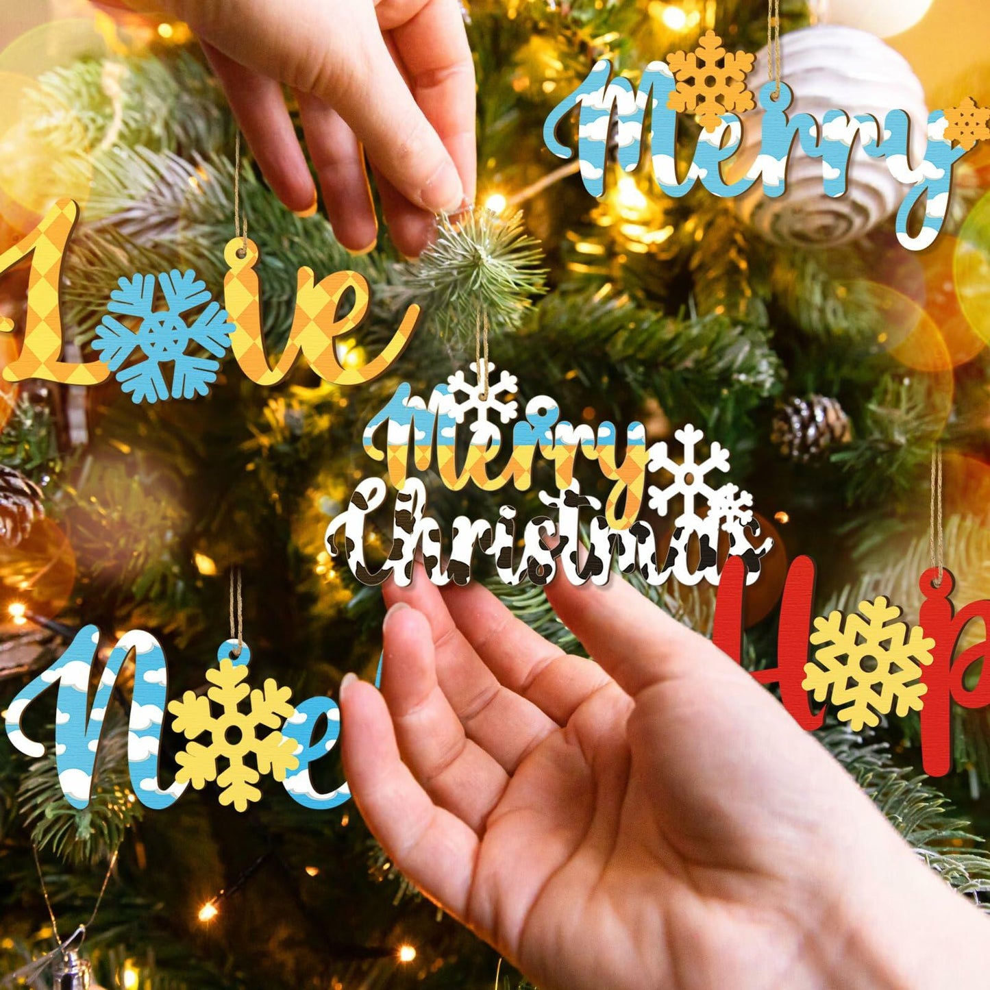 Gerrii 18pcs Christmas Ornaments Wooden Words Colorful Bulk New Crafts